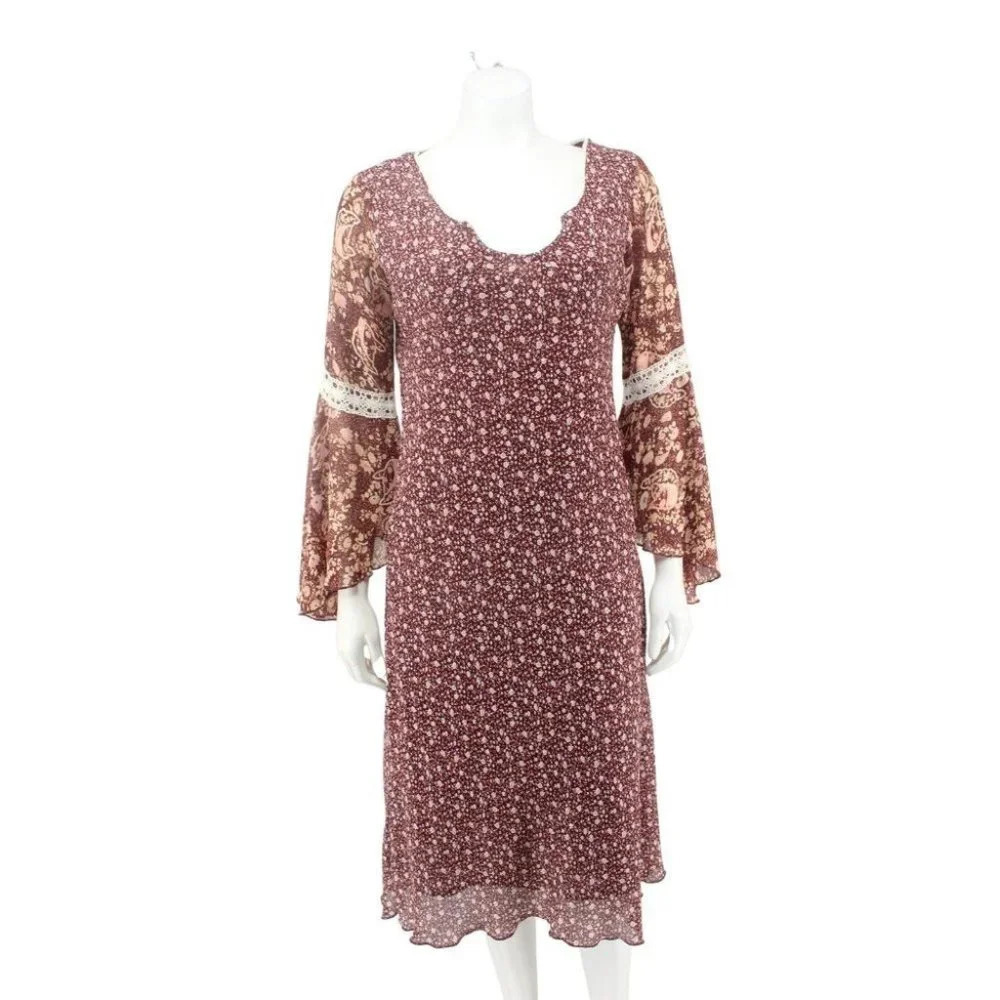 Mint Julip Brown Floral Crochet Bell Sleeve Prairie Midi Dress Juniors Size 7/8